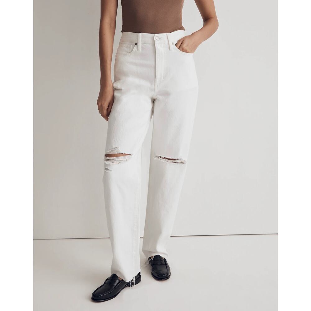 Madewell Baggy Straight Jean Women's 32 Tile White Raw Hem Distressed Knee
